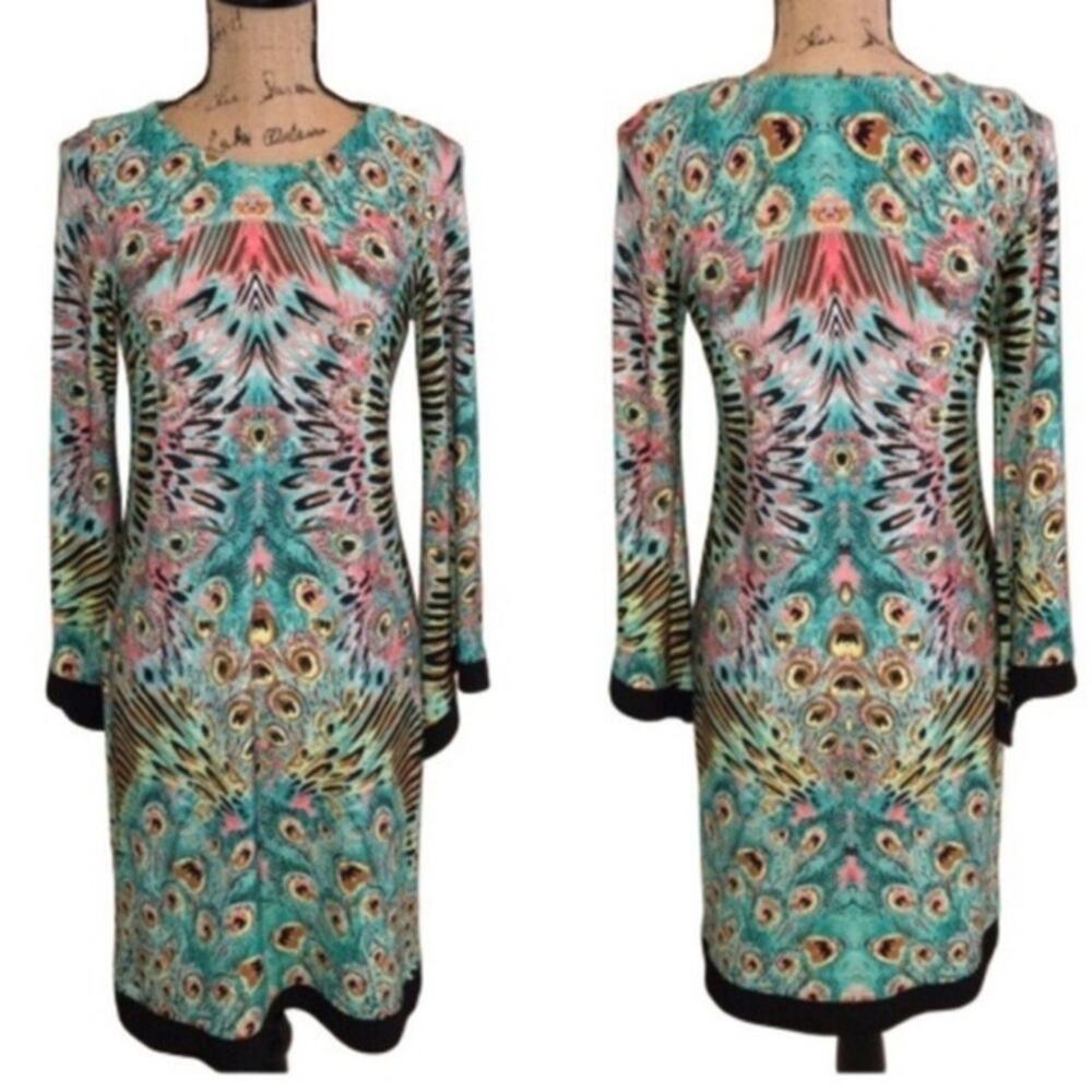 Emma & Michele Turquoise Multi-Color Peacock Print Long Sleeve Dress